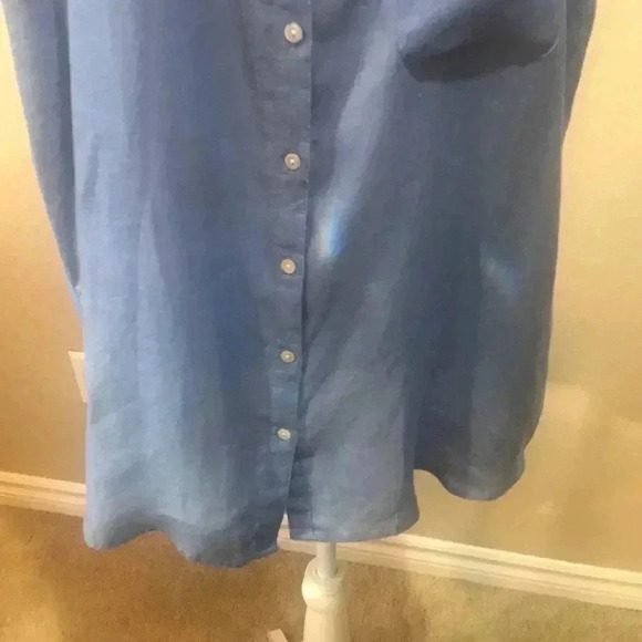 RACHEL ZOE Blue V Neck Collar Button Down 100% Linen Hi-Low Oversized Top - Picture 6 of 13